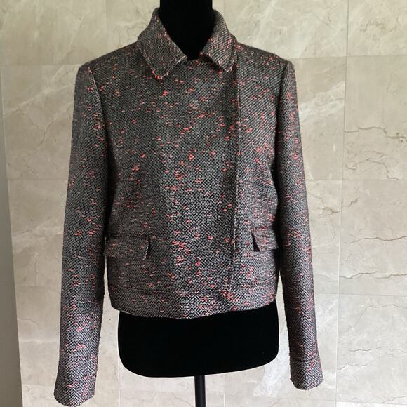 J.Crew Tweed Cropped Moto Jacket, Size 8, Black, White Neon Red, Fall Preppy - Picture 3 of 13